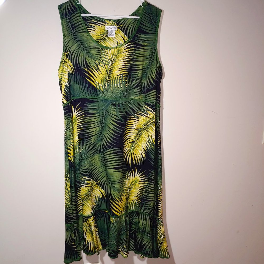 Paradiso Sleeveless Scoop Neck Midi Summer Dress Palm Leaves Print Size XL Green